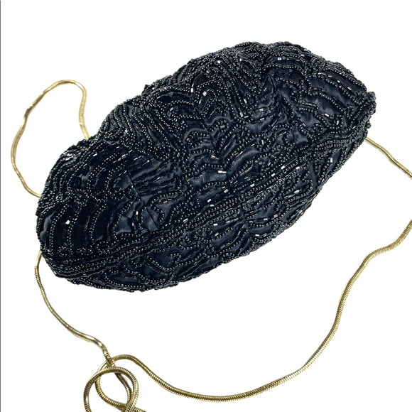 Vintage 1960s GOLDCO Fancy black seed bead evening bag gold hardware - Picture 10 of 12